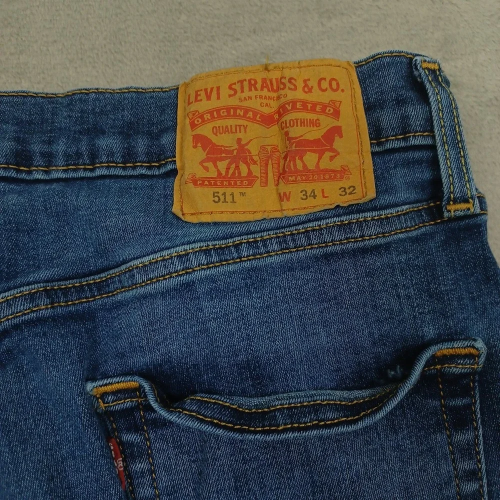 Levis 511 Jeans Mens 34x32 Blue Denim Slim Fit Distressed Pockets Cotton A2